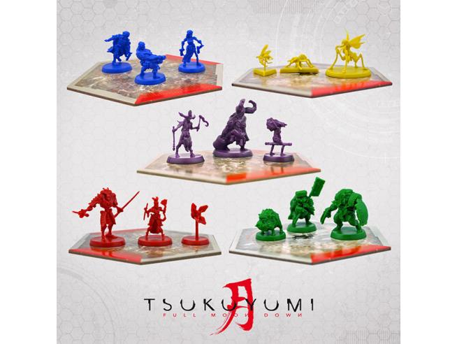 Close-up of miniatures and tokens from Tsukuyumi: Full Moon Down Base Game Kickstarter edition