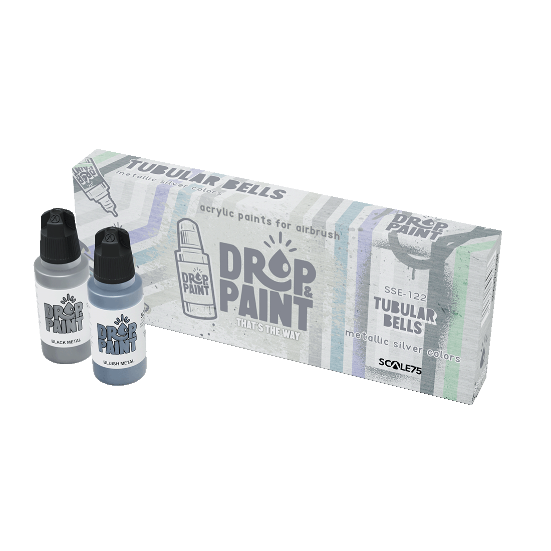 A Tubular Bells paint set includes a white box and two paint bottles, one gray labeled Black Metal and one bluish-gray labeled Bluish Metal
