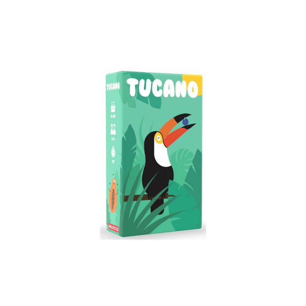 Colorful box cover of the game "Tucano" featuring a toucan perched among vibrant, tropical fruits and lush jungle foliage