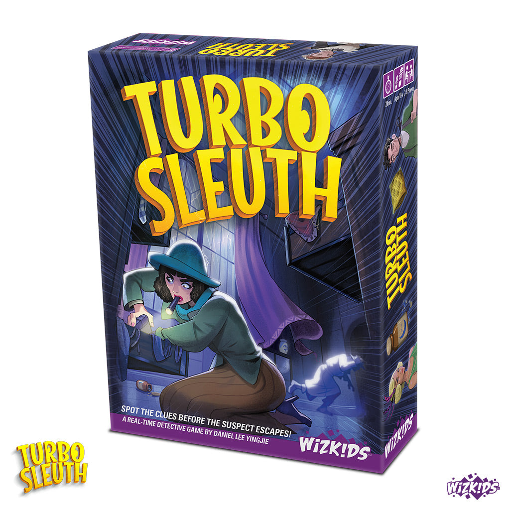 Turbo Sleuth board game box showing a female detective with a flashlight searching a dark, stormy room for clues