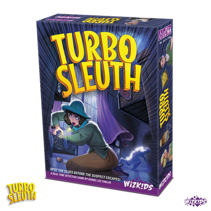 Turbo Sleuth board game box showing a female detective with a flashlight searching a dark, stormy room for clues