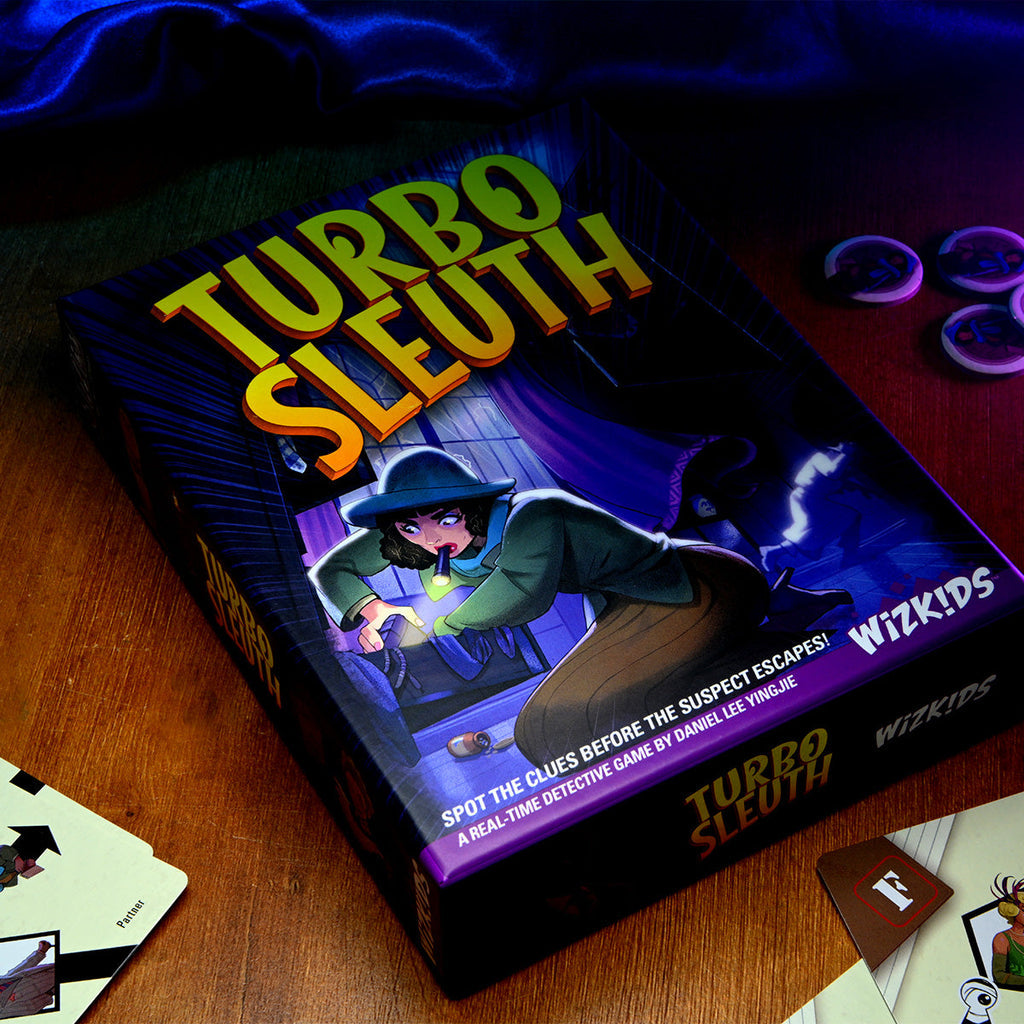 Turbo Sleuth board game box featuring a detective using a flashlight to search for clues in a dark room. Game components around