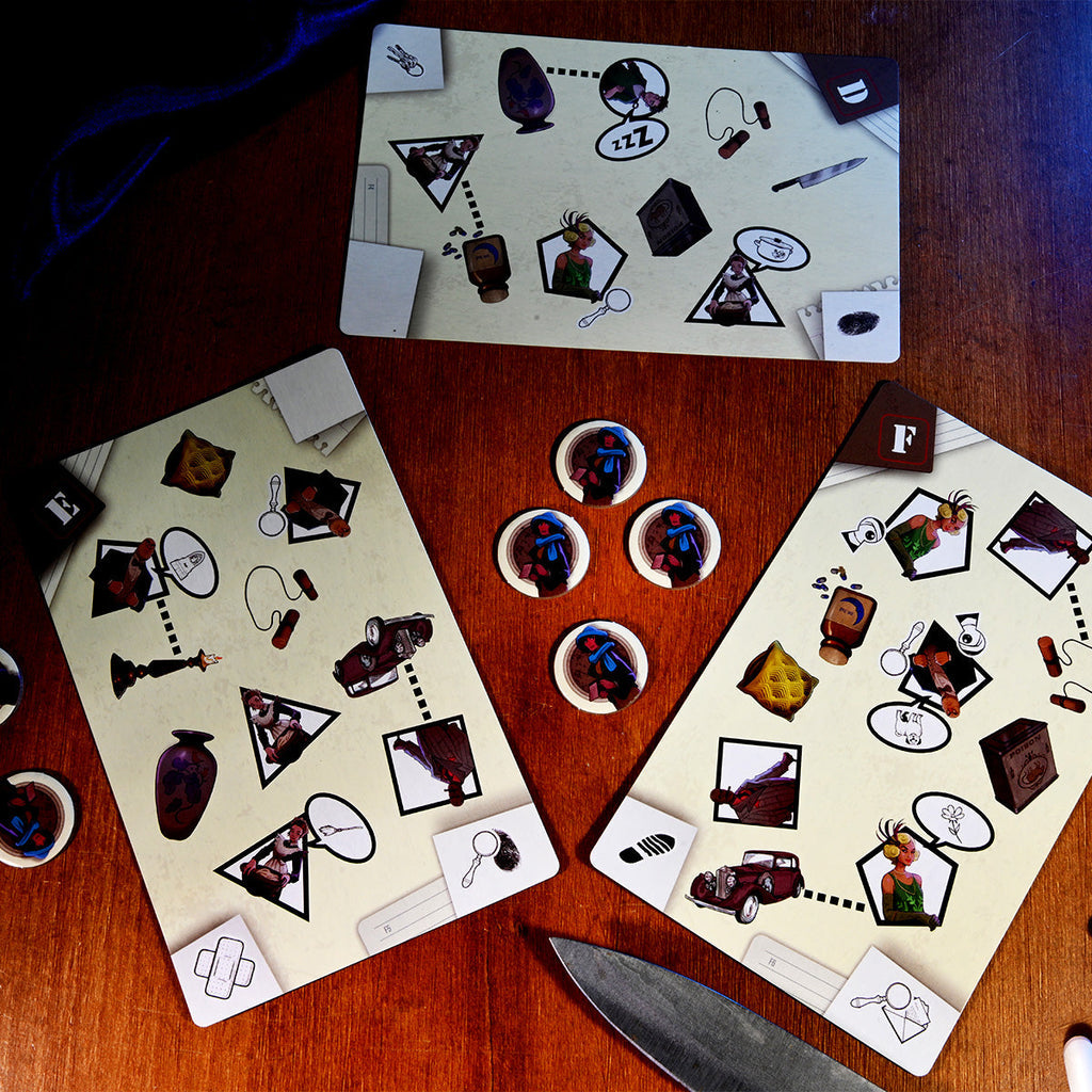A Turbo Sleuth board game with clue maps, character tokens, and a large knife on a wooden table