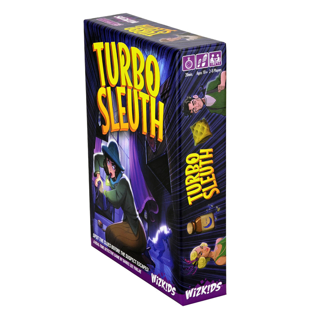 Turbo Sleuth board game box. Front art features a female detective investigating a glowing clue in a dark room