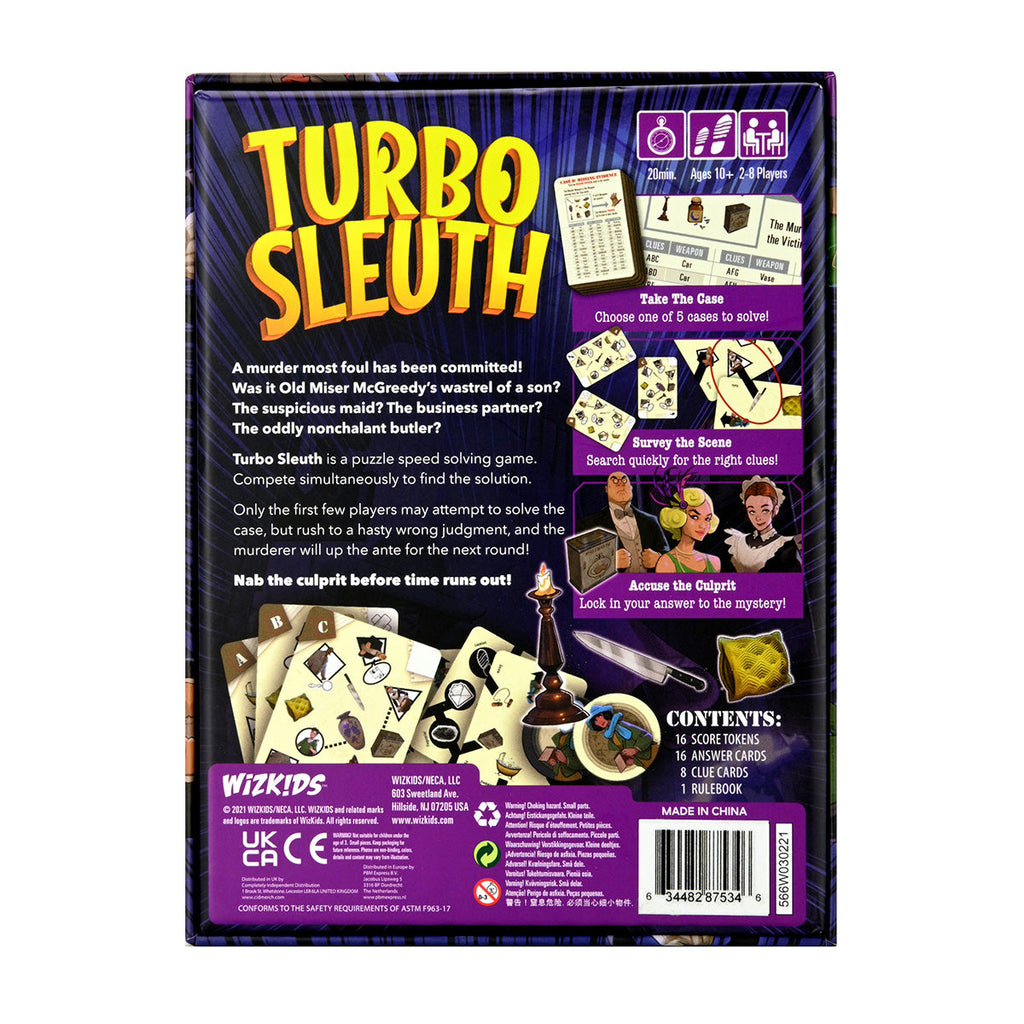 Back of the "Turbo Sleuth" board game box, displaying murder mystery art with suspects, game cards, and gameplay info