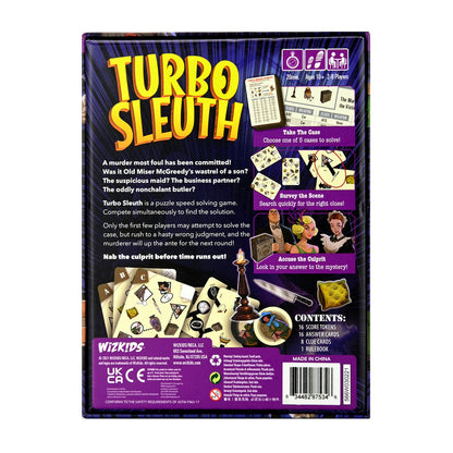 Back of the "Turbo Sleuth" board game box, displaying murder mystery art with suspects, game cards, and gameplay info