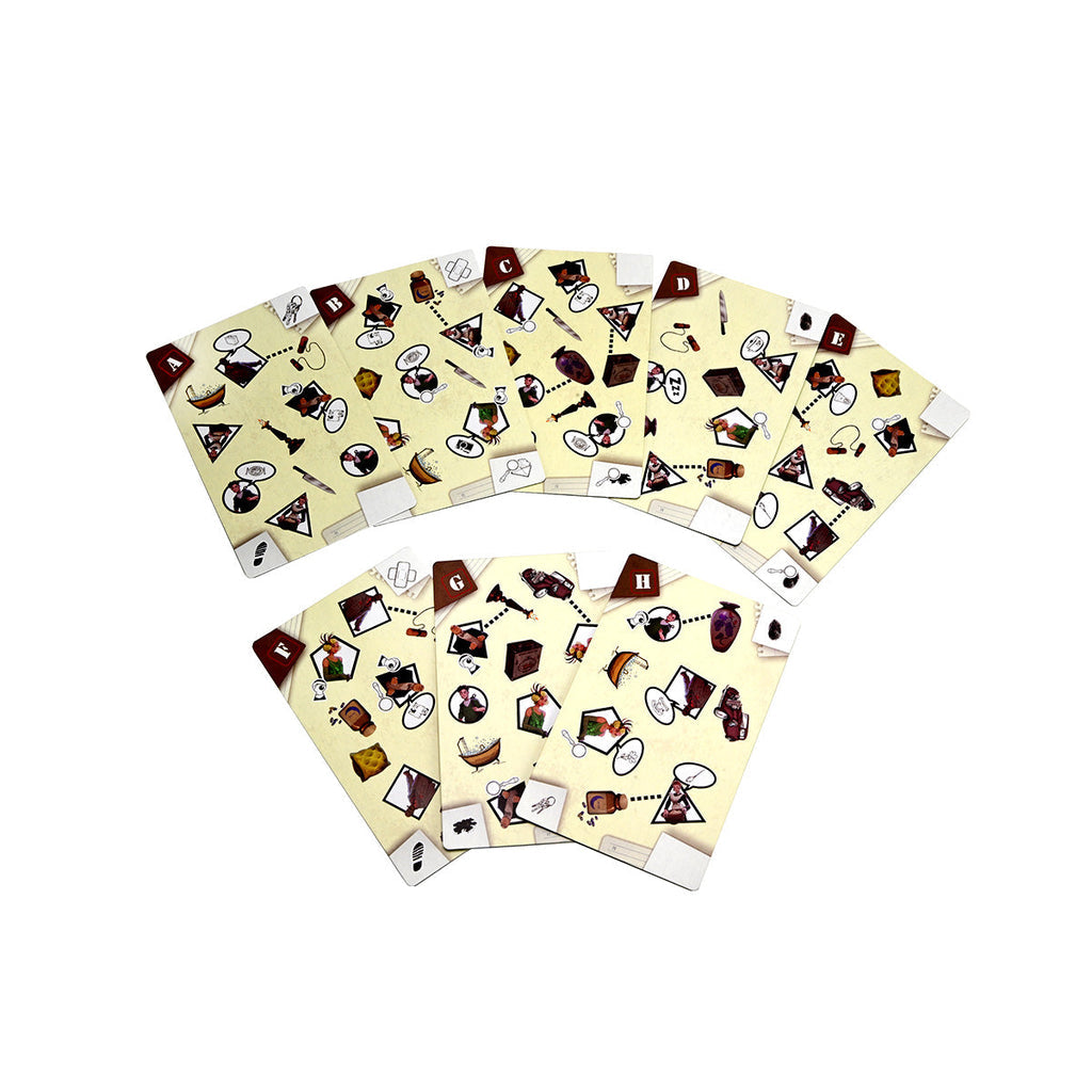 Beige game cards with mystery-themed icons & letters A-H, fanned in two rows on a white background