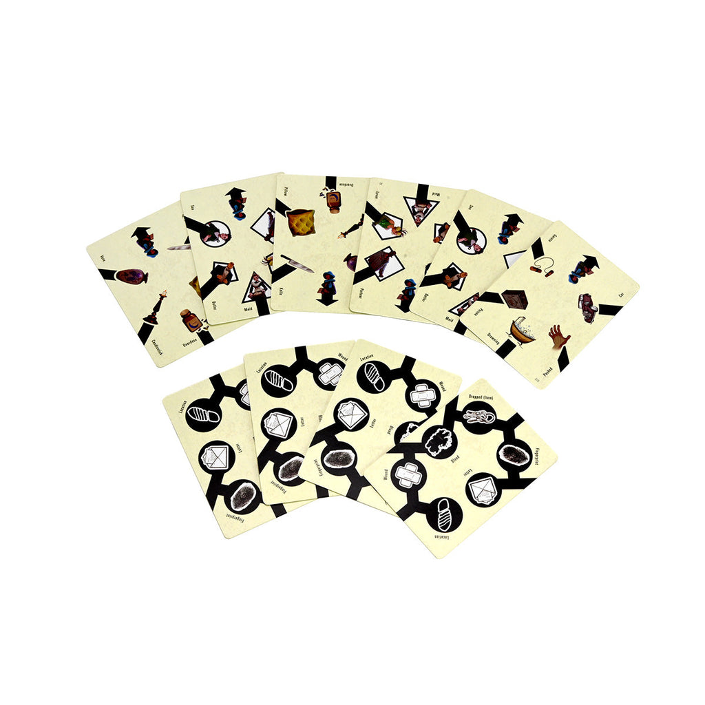 Two fanned sets of game cards: one with character/item illustrations, the other with circular icons connected by lines