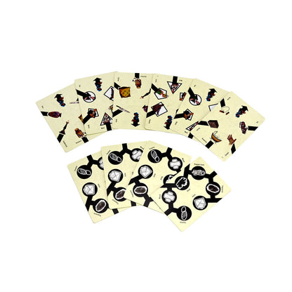 Two fanned sets of game cards: one with character/item illustrations, the other with circular icons connected by lines