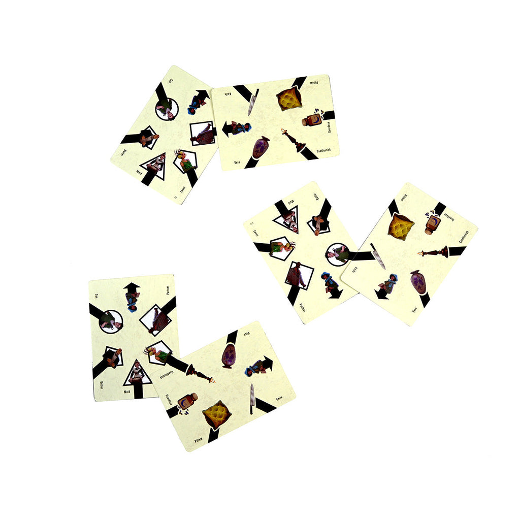 Scattered game cards with illustrations of characters (Maid, Butler) and objects (Knife, Vase) on a white surface