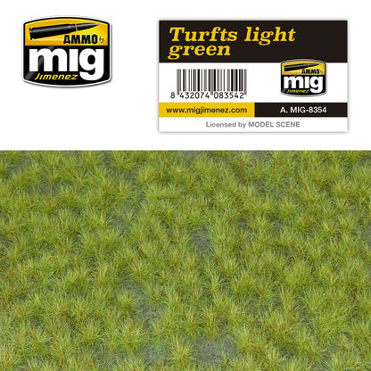 AMMO by MIG Jimenez 'Turfts light green' product label shown above light green artificial grass tufts.