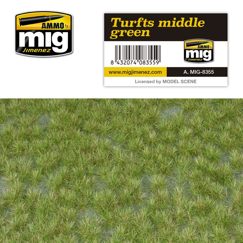 AMMO by MIG 'Turfts middle green' model scenery. Product label above a close-up of realistic green artificial grass tufts.