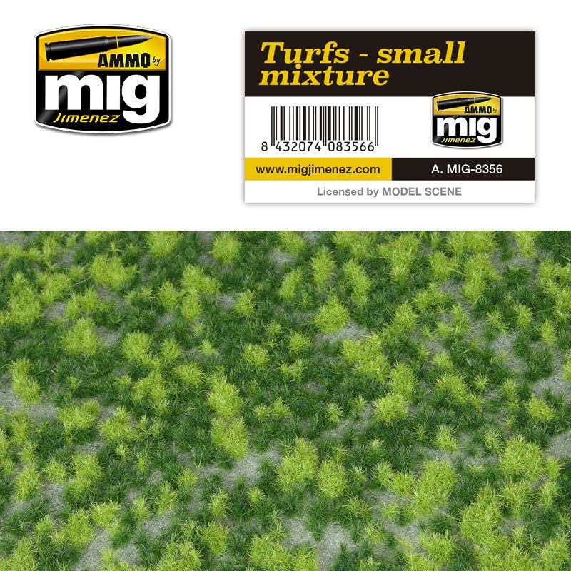 AMMO by MIG 'Turfs - small mixture' label above a sample of light and dark green model scenery turf.