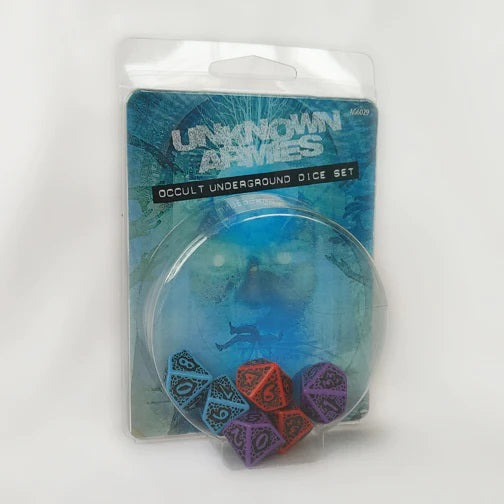 Unknown Armies Occult Underground Dice Set in a clear blister pack, featuring blue, orange, and purple polyhedral dice