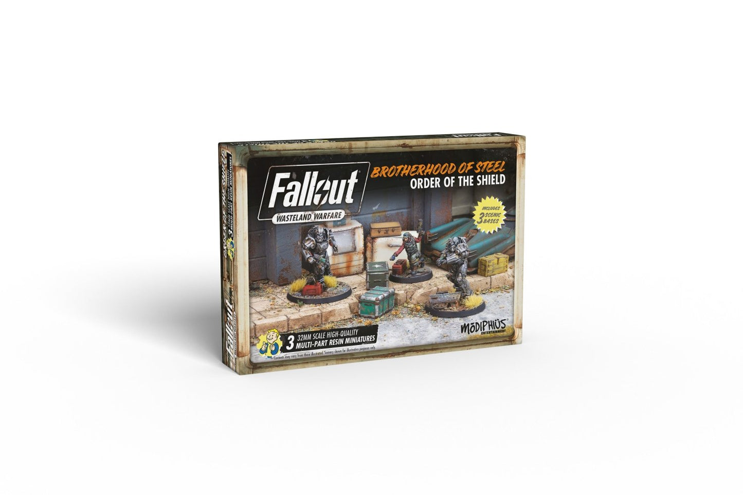 A Fallout: Wasteland Warfare 'Brotherhood of Steel' miniatures box displaying three detailed figures, two in power armor