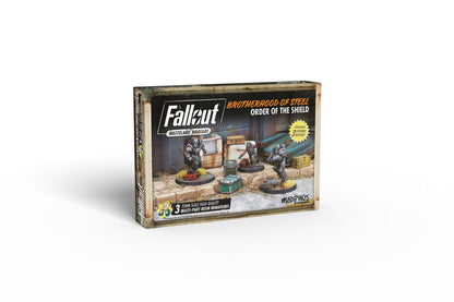 A Fallout: Wasteland Warfare 'Brotherhood of Steel' miniatures box displaying three detailed figures, two in power armor