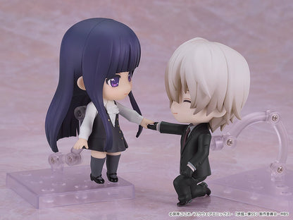 Two chibi figures: one with long purple hair stands, another with white hair in a suit kneels and offers a hand.