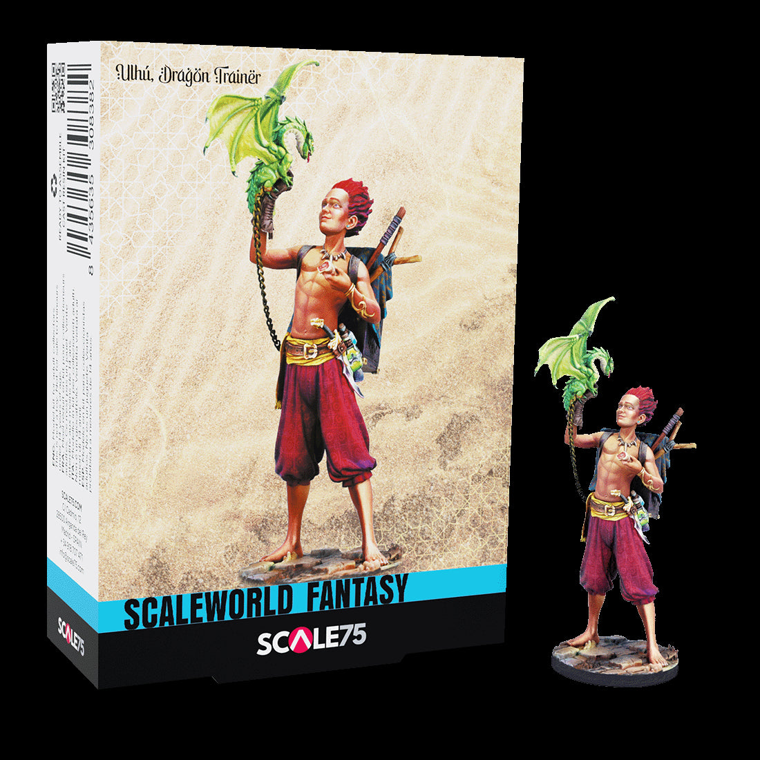 Fantasy miniature set: 'Ulhú, Dragon Trainer.' A shirtless figure with red hair holds a chained green dragon. Product box shown.