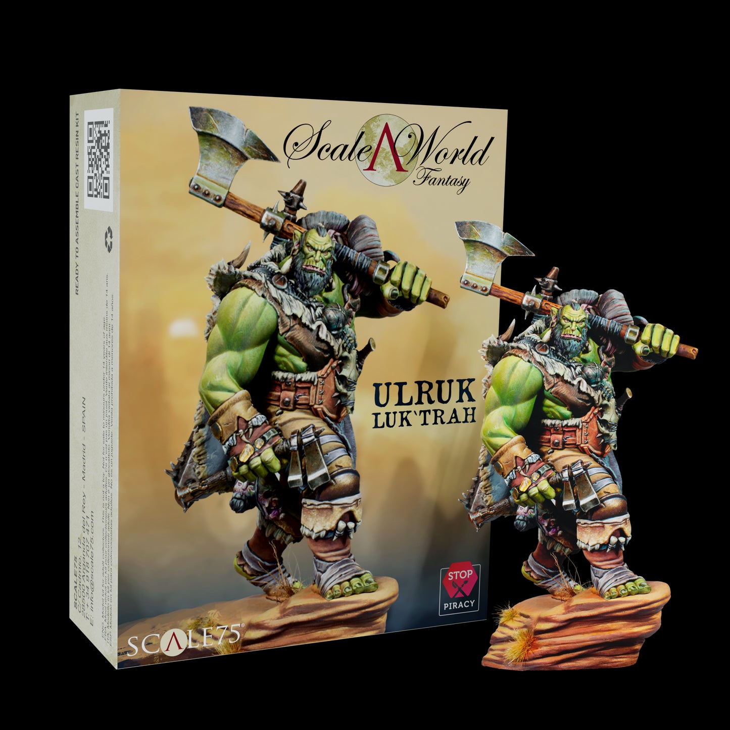 A detailed green-skinned fantasy miniature of an orc-like warrior, Ulruk Luk'trah, holding a large axe, next to its product box.