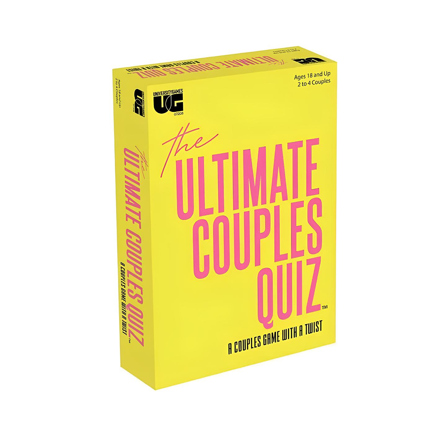 The Ultimate Couples Quiz board game box. Yellow packaging features large pink title text