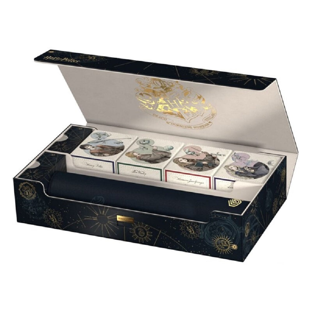 Open Harry Potter collectible gift box with four character-illustrated boxes and a rolled dark poster inside
