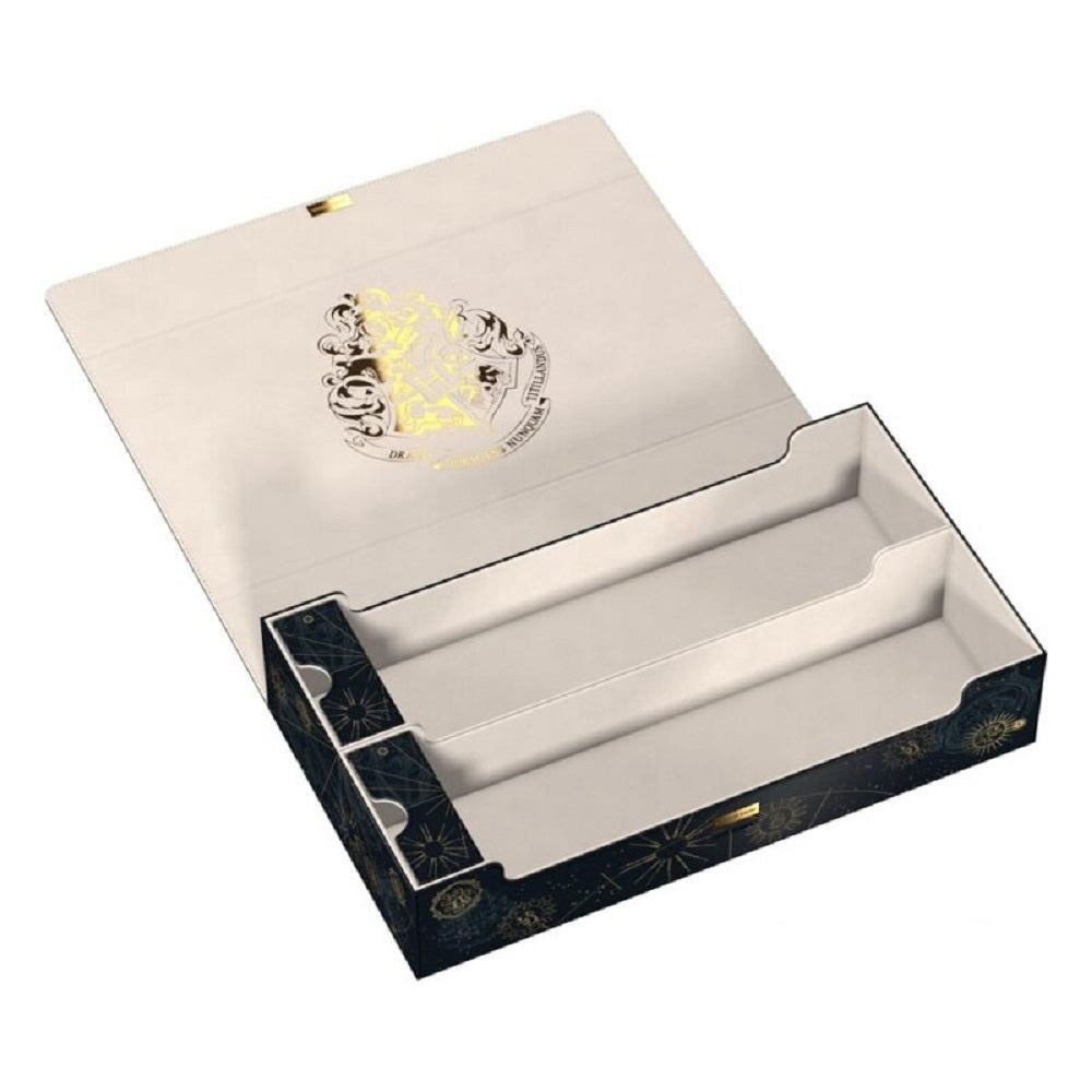 Dark, open deck box with gold Hogwarts crest on the lid and three card storage compartments