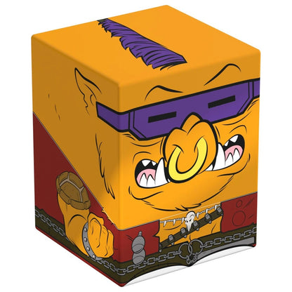Orange cartoon monster storage box with purple sunglasses, tusks and chains