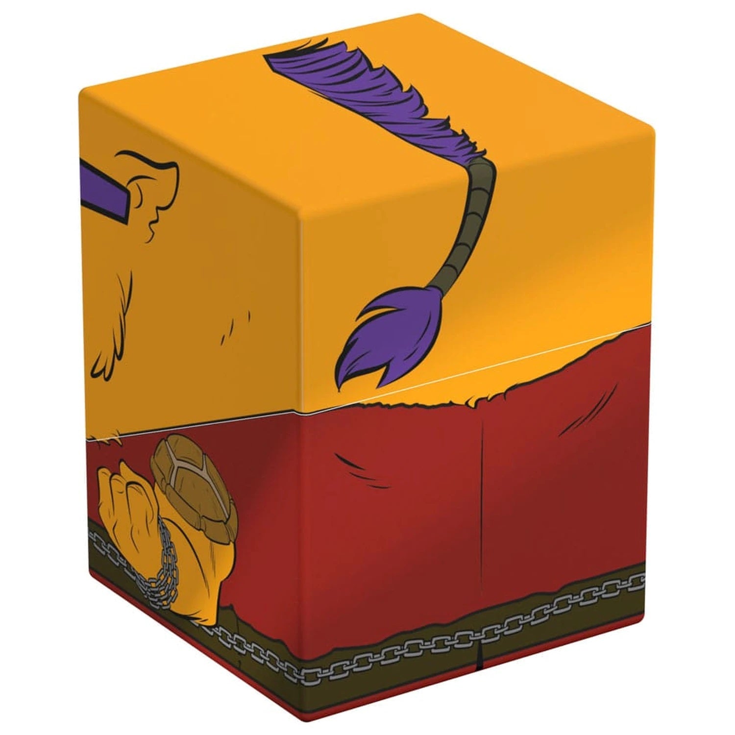 Card storage cube featuring monster art: a purple tail above a chained hand gripping a shell fragment