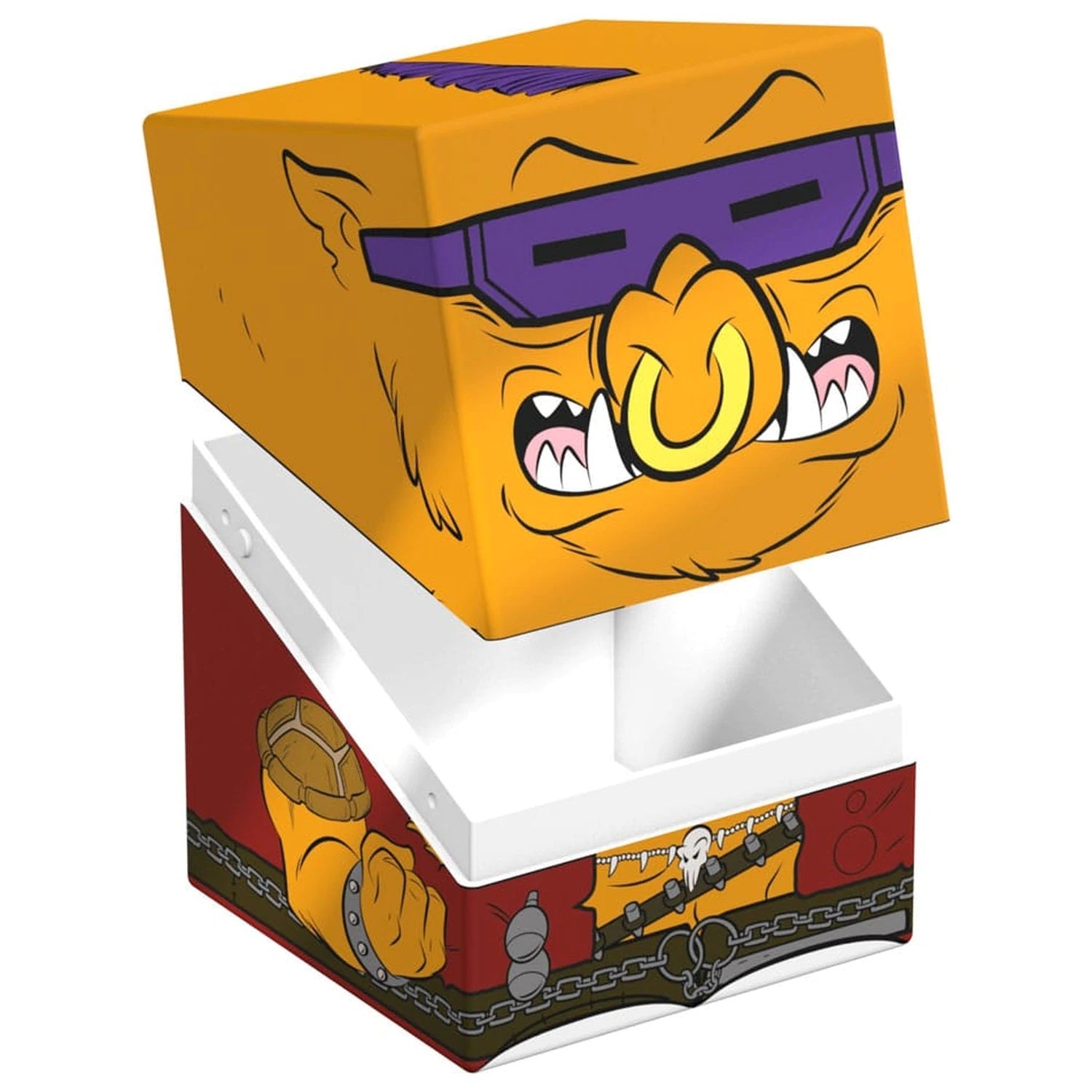 Open deck box featuring cartoon art of an angry orange pig character with sunglasses and tusks