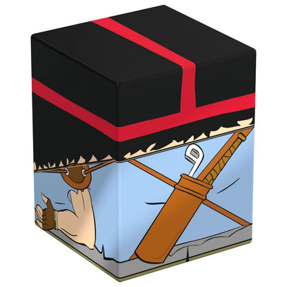 Black and red storage box illustrated with a golfer's gloved arm and a brown golf bag with clubs