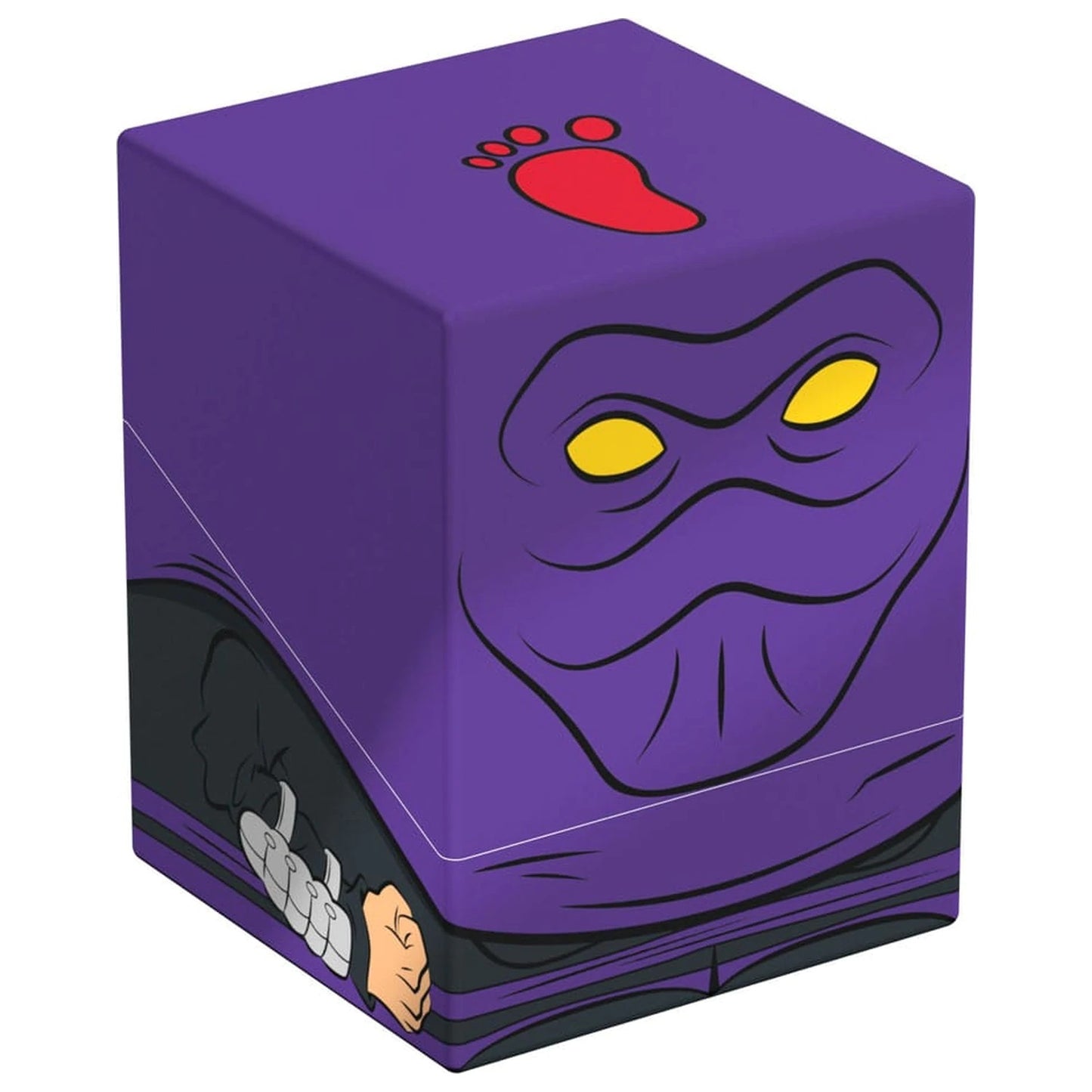 Purple cube storage box featuring The Shredder's masked face, yellow eyes and the red Foot Clan footprint logo