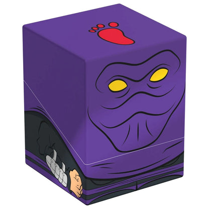 Purple cube storage box featuring The Shredder's masked face, yellow eyes and the red Foot Clan footprint logo