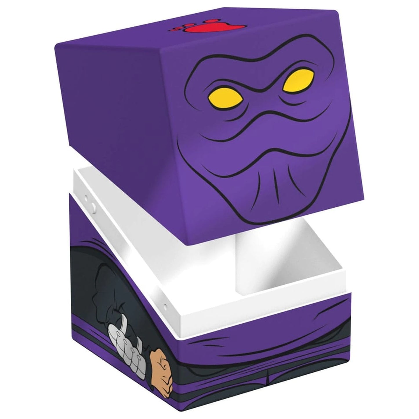 Purple deck box, designed as a masked villain with yellow eyes, shown open with the lid lifted