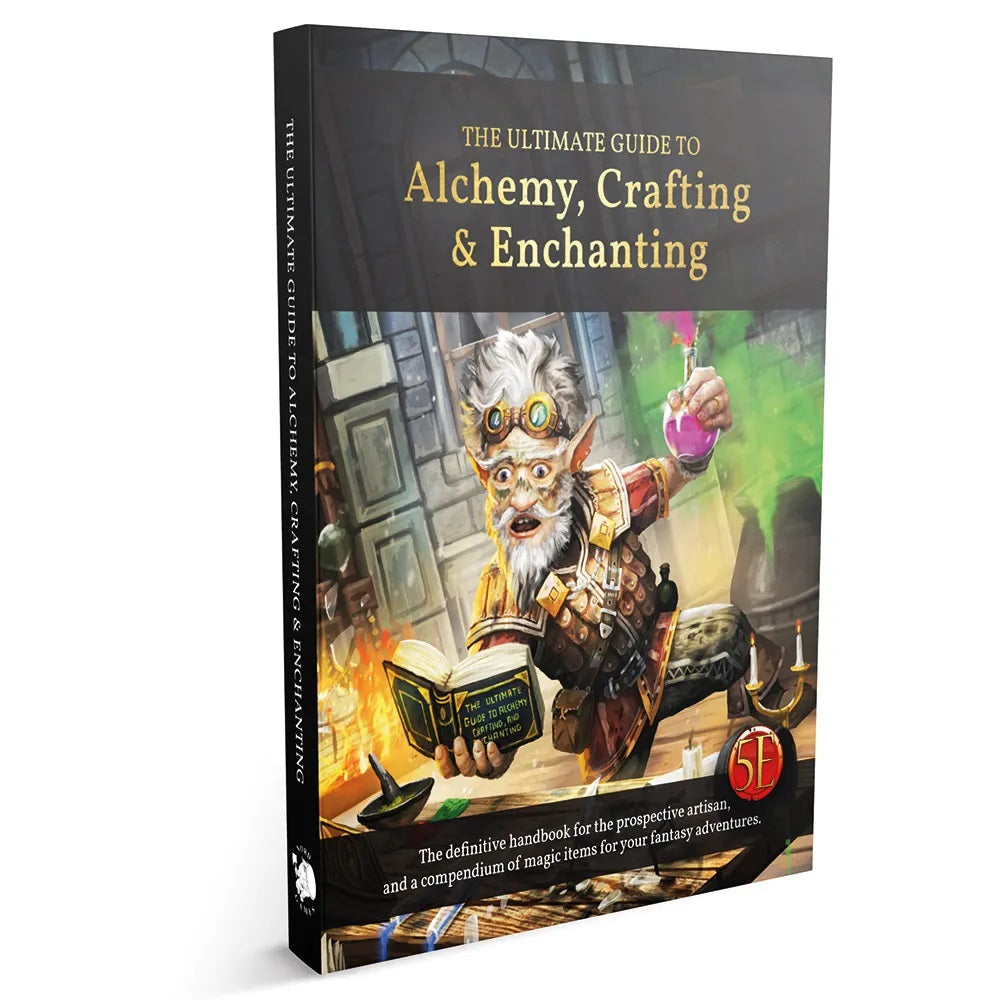 The Ultimate Guide to Alchemy, Crafting & Enchanting (5E) book. Cover: startled alchemist with book and bubbling pink potion