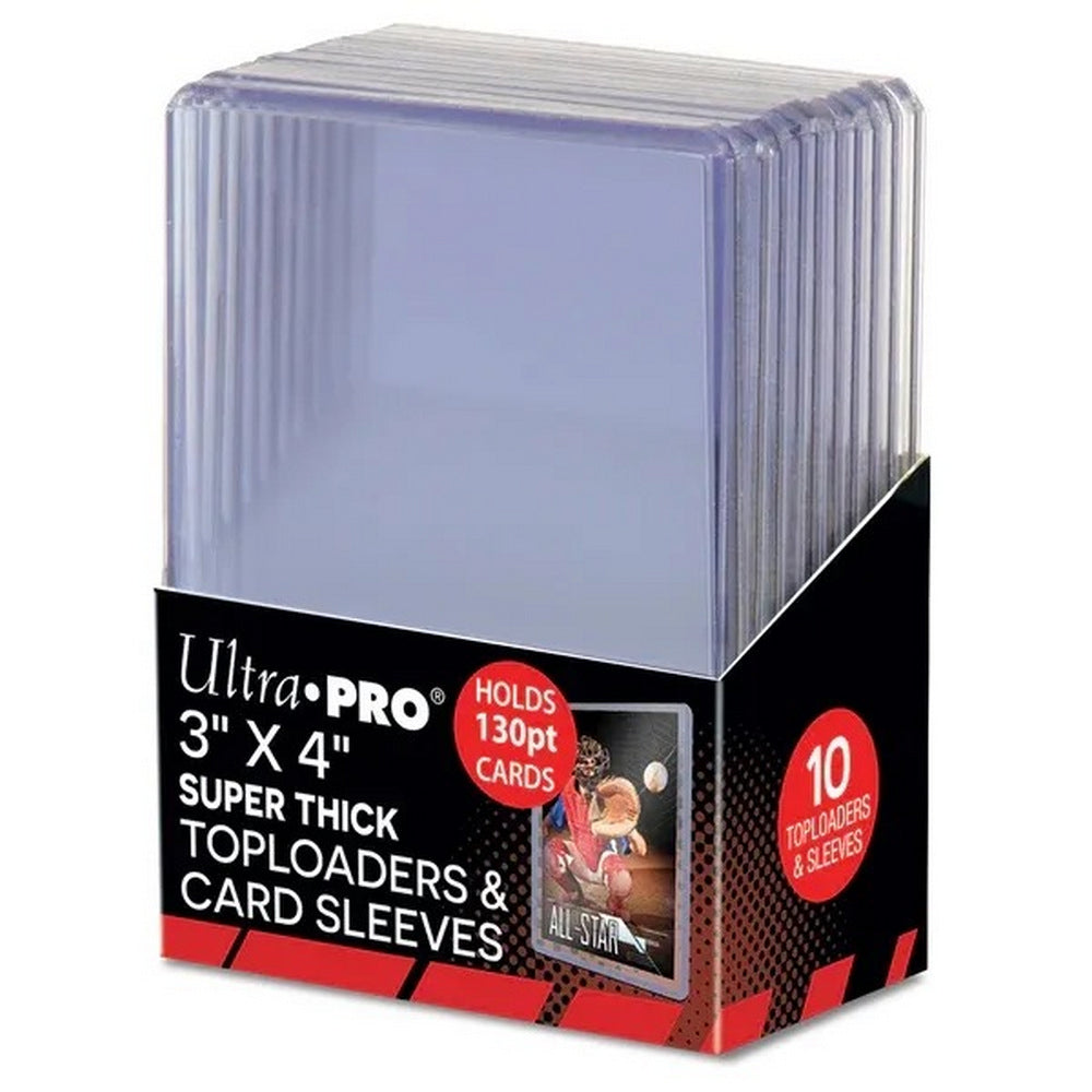 A box of 10 Ultra-PRO clear plastic card toploaders and sleeves for protecting trading cards