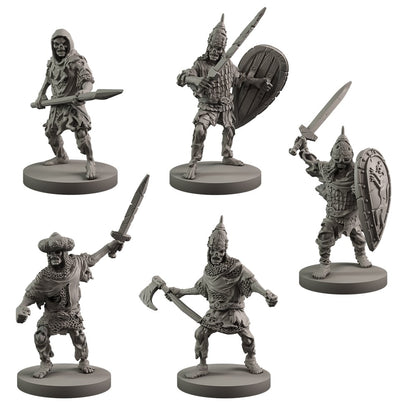 Five grey unpainted miniature skeletal warriors in combat poses, wielding various weapons like swords, spear, and axe