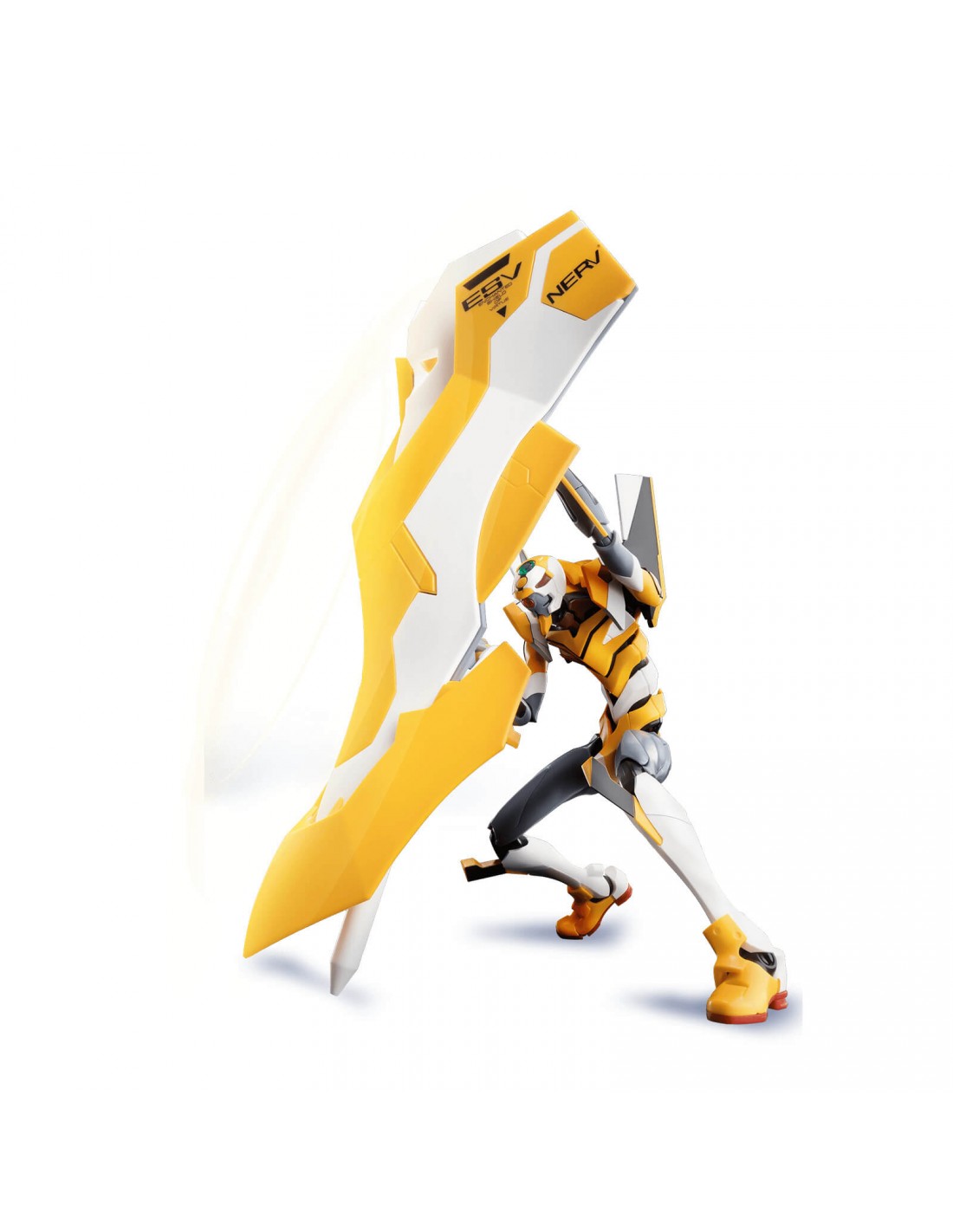 Yellow Evangelion Unit action figure bracing a massive white and yellow ESV shield