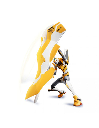 Yellow Evangelion Unit action figure bracing a massive white and yellow ESV shield