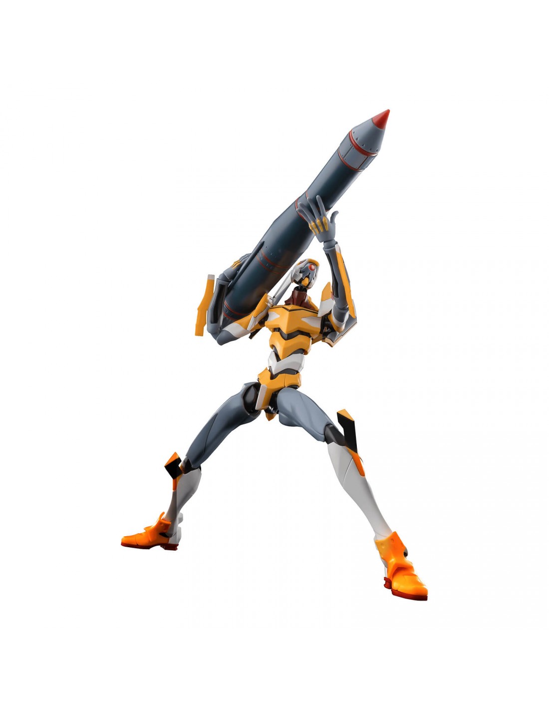 Yellow mecha figure (EVA Unit) holding a large dark missile high above its head