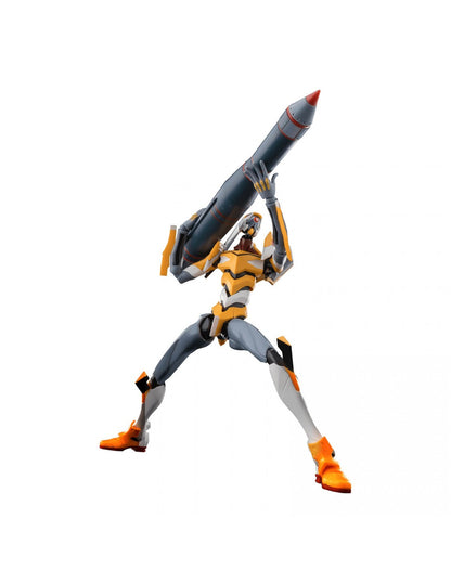 Yellow mecha figure (EVA Unit) holding a large dark missile high above its head