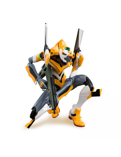 Yellow Evangelion Unit action figure crouching dynamically while aiming a rifle