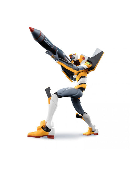 Yellow and gray mecha figure in a dynamic pose, holding a large black rocket launcher aimed upward