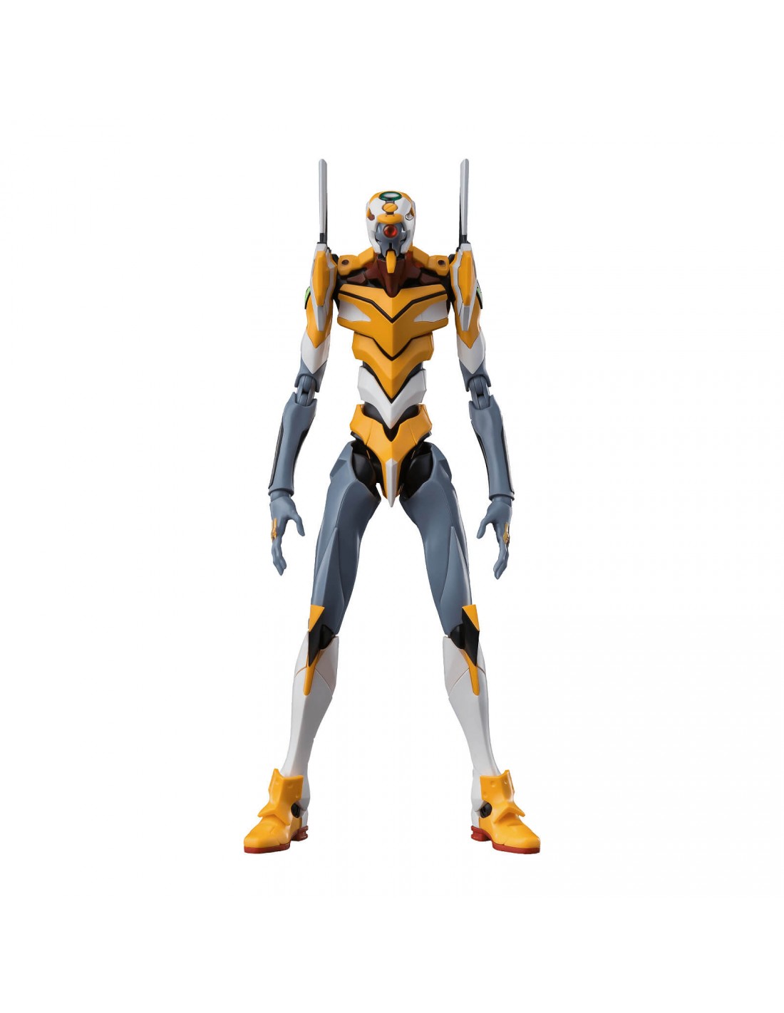 Evangelion Unit mecha action figure, yellow, white, and gray, standing posed on a white background
