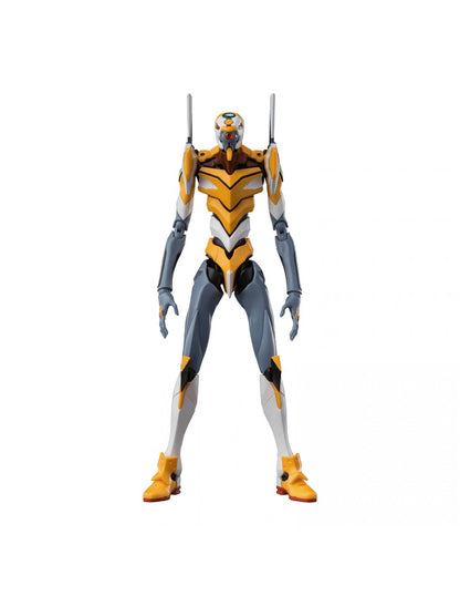 Evangelion Unit mecha action figure, yellow, white, and gray, standing posed on a white background