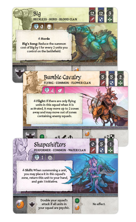 Spread of game cards showing different fantasy warrior characters with stylized art and stats