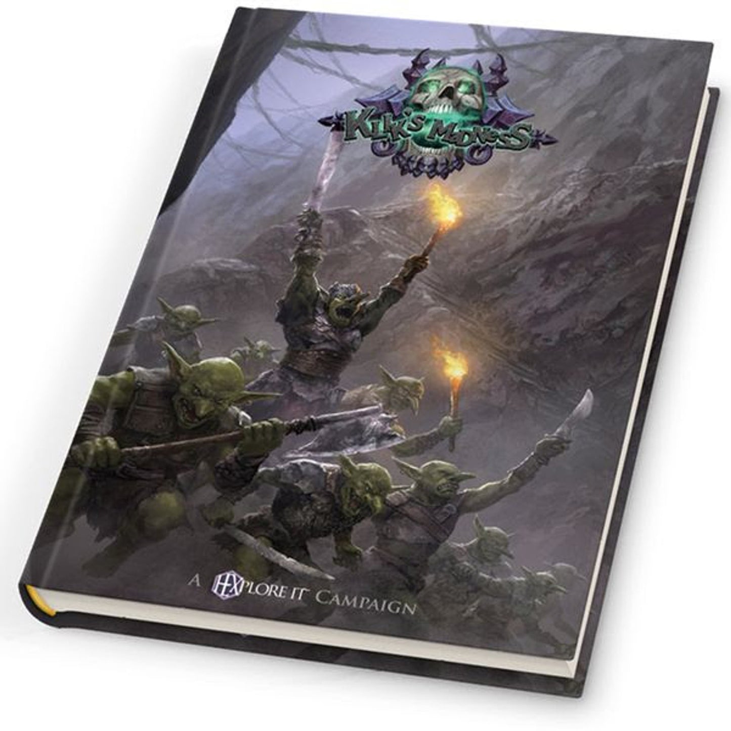 A hardcover book cover featuring a horde of aggressive green goblins wielding swords and torches, charging through a dark fantasy landscape under a skull logo.