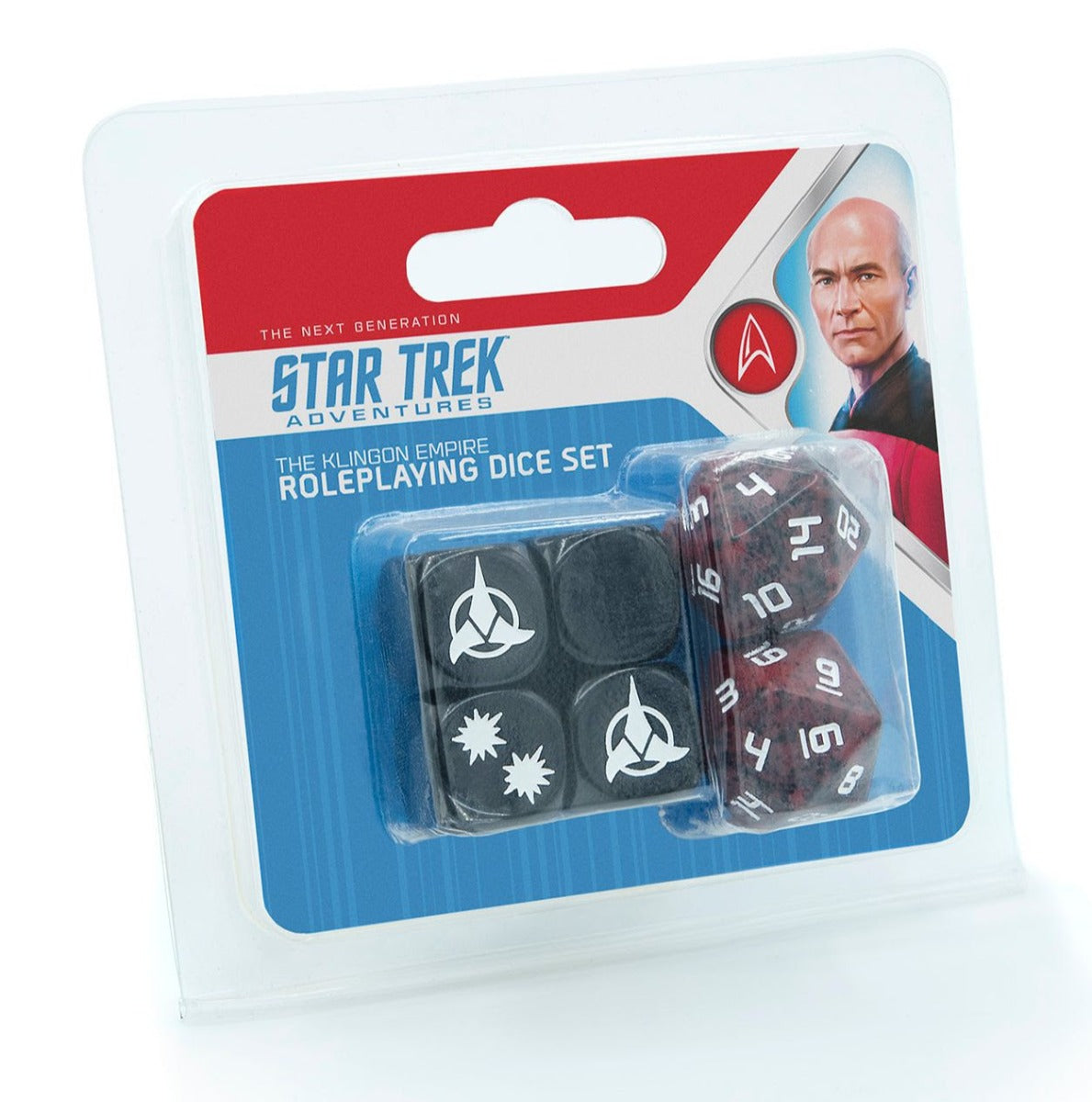 A packaged Star Trek Adventures Klingon Empire Roleplaying Dice Set with black and red dice, featuring Captain Picard on the card