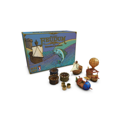 Feudum: Rudders & Ramparts game box with fantasy ships, towers, a hot air balloon, and gold tokens