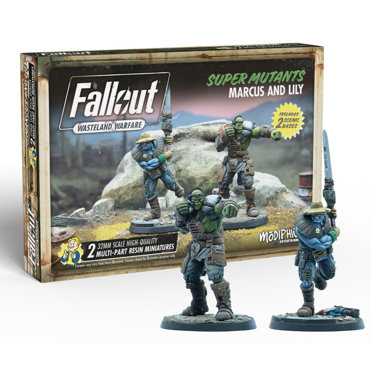 Fallout 'Super Mutants Marcus & Lily' miniatures box. Two painted figures: a green mutant punching, a blue mutant with a large club.