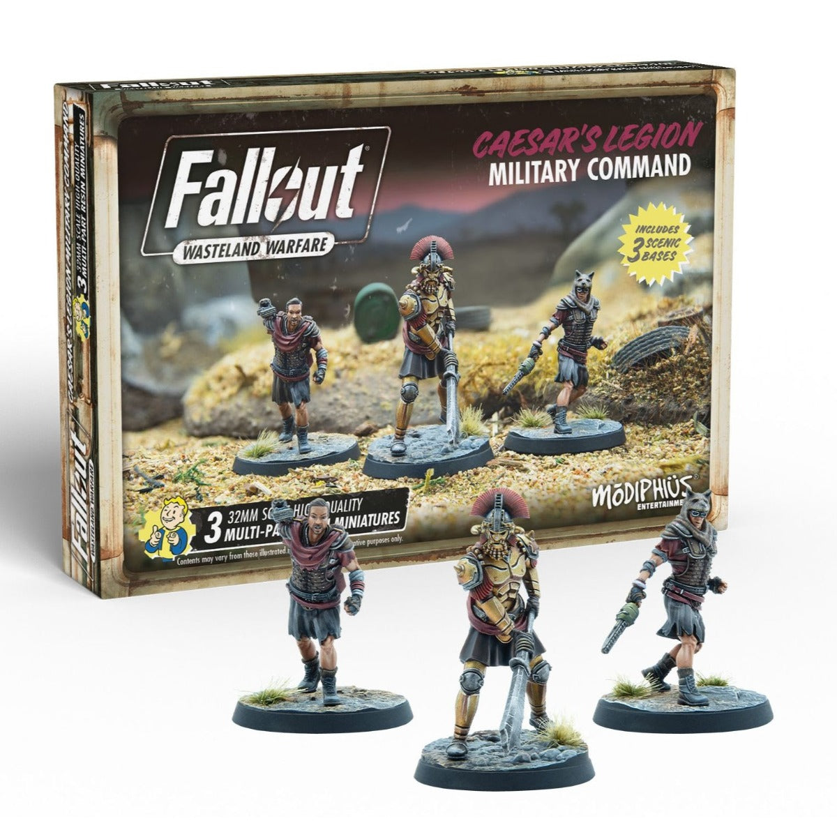 Fallout: Caesar's Legion Military Command box & three painted miniatures: armored leader, commanding soldier, wolf-masked figure.